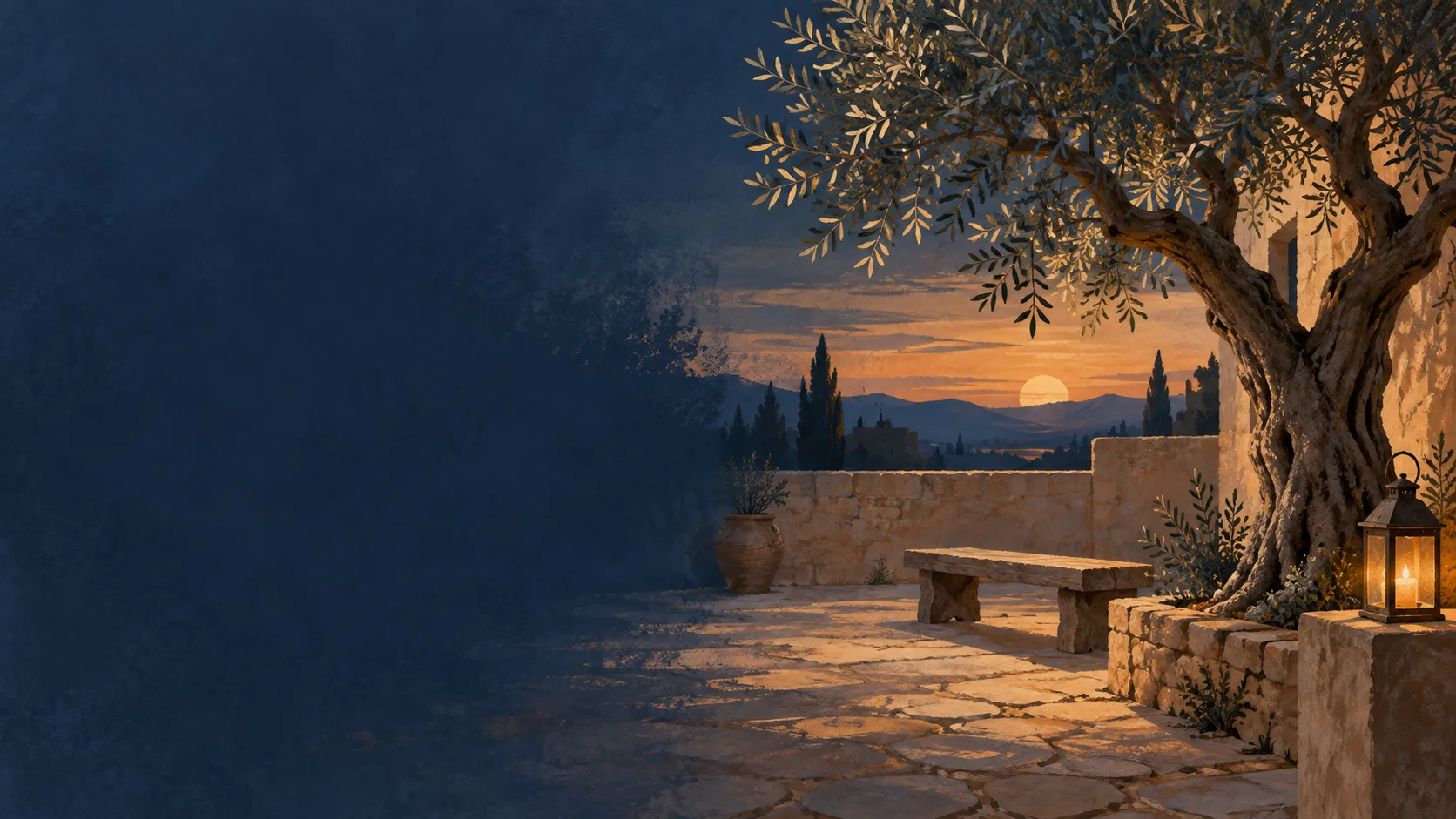 Illustration of a quiet courtyard with an olive tree and lantern at dusk.