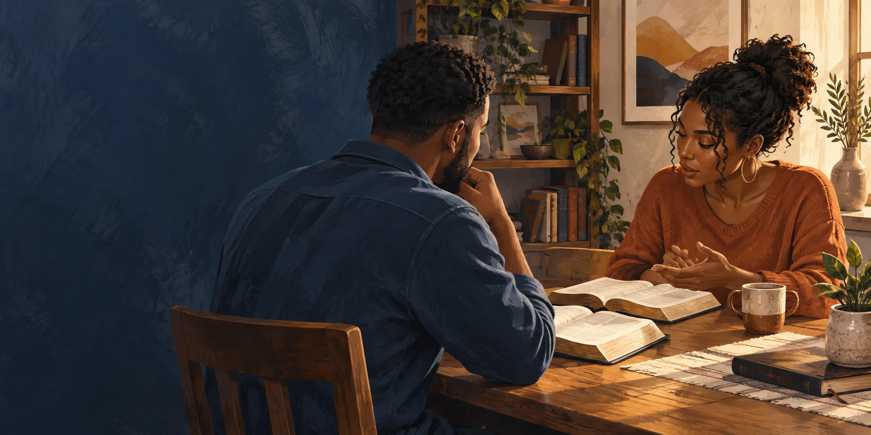 Illustration of two people studying open books together at a table.